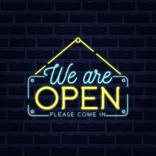 We Are Open Blue and Yellow Neon Sign - Neon Signs Now