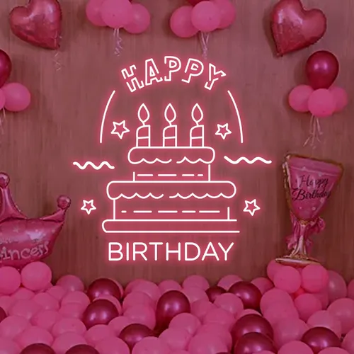 Big Happy Birthday Text with Cake Neon Sign - Neon Signs Now