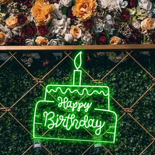 Happy Birthday Text in Big Cake Neon Sign - Neon Signs Now