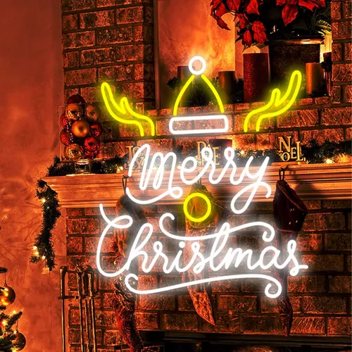 Merry Christmas Deer Horn with Hat Neon Sign - Neon Signs Now